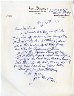 1971 Jack Dempsey Signed Handwritten Letter